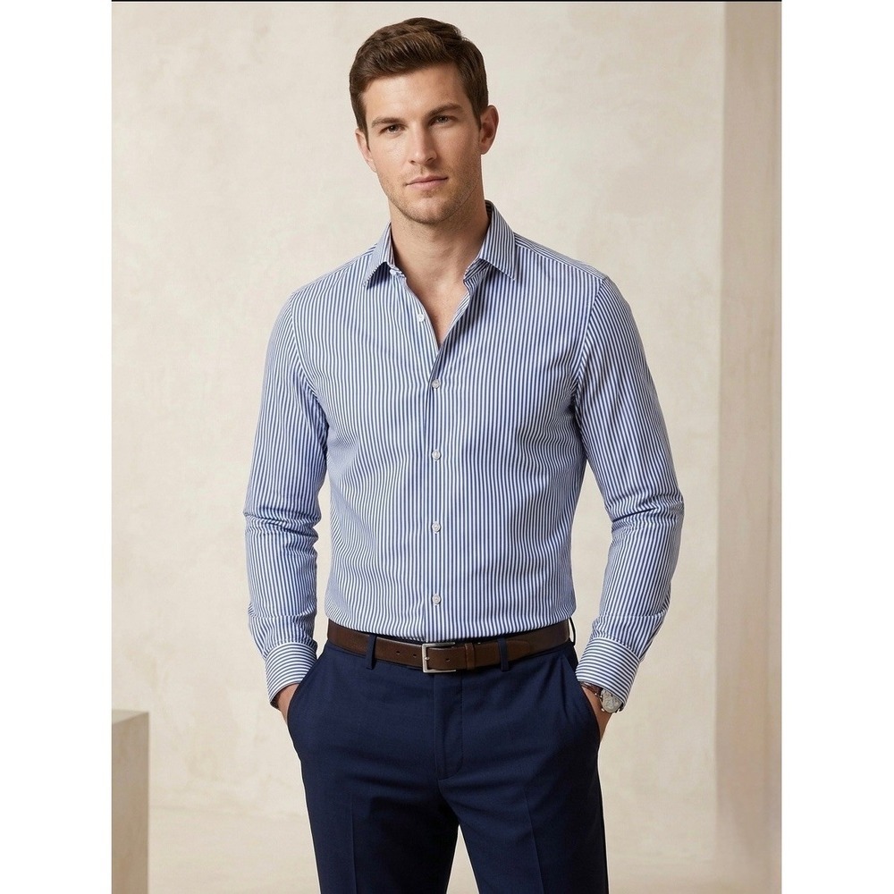Michael Kors Mens Slim Fit Blue White Striped Dress Shirt 15.5 32/33 M